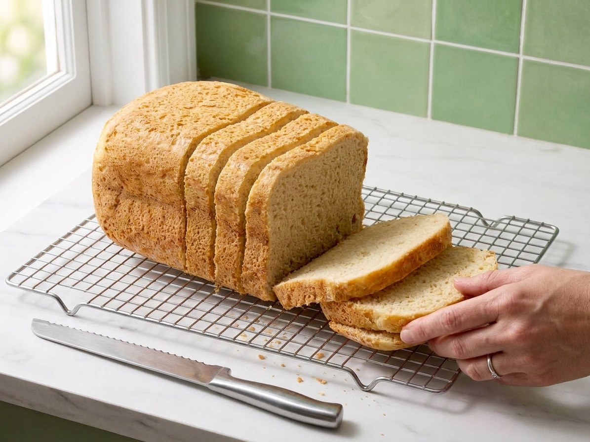 A fully baked gluten free bread loaf sliced into even pieces on a wire cooling rack on a kitchen counter
