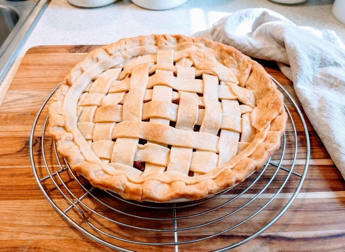 A fully baked gluten free pie crust with golden edges cooling on a wire rack in a bright kitchen