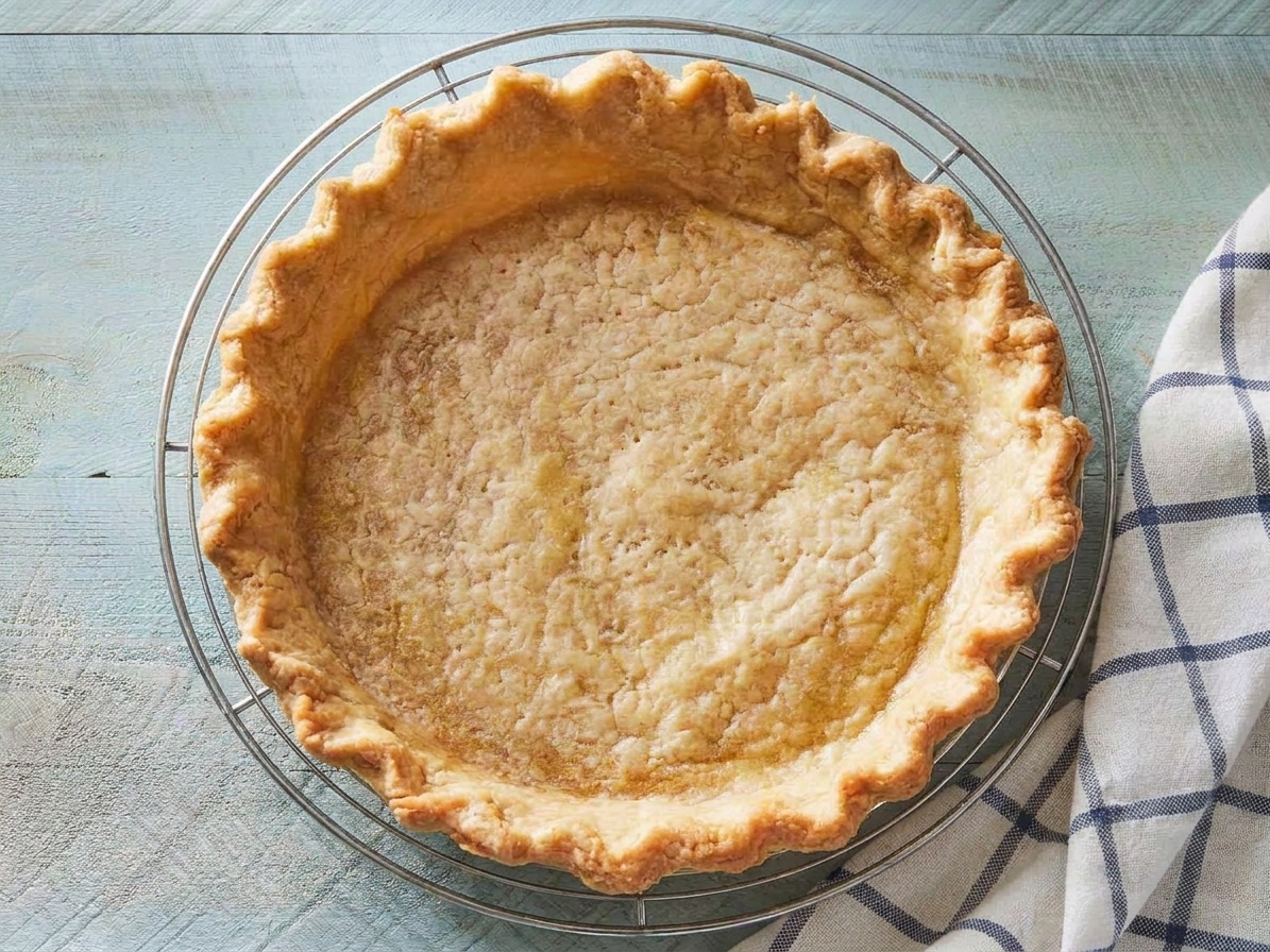 A fully baked golden pie shell cooling on a wire rack on a kitchen counter