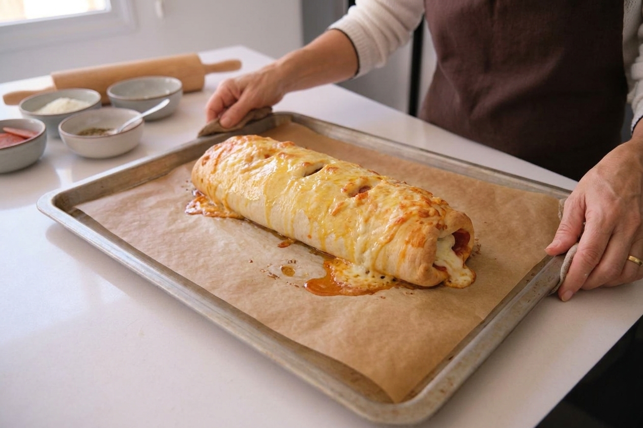 A fully baked golden stromboli resting on a parchment-lined sheet pan just out of the oven