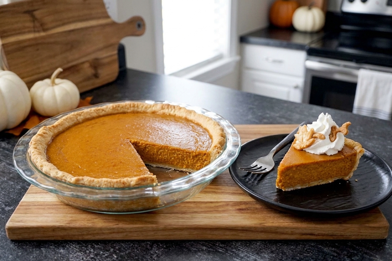 A fully baked pumpkin pie on a table with a dollop of whipped cream on one slice in a cozy kitchen setting