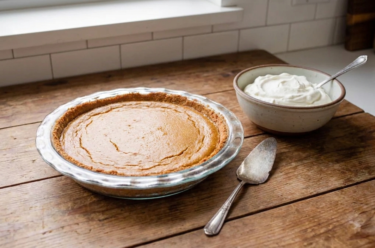 A fully baked pumpkin pie on a wooden table with a knife nearby and a bowl of whipped cream ready for serving