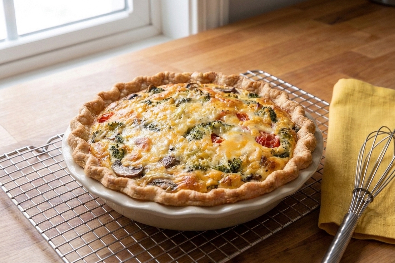 A fully baked vegetarian quiche lorraine in a pie dish with a golden top cooling on a wire rack in a bright kitchen