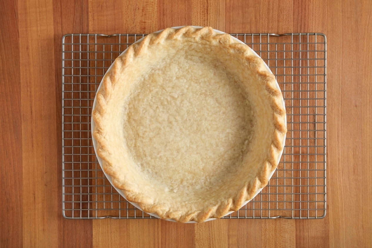 A fully blind-baked pie crust with lightly golden edges and a dry, set bottom cooling on a wire rack