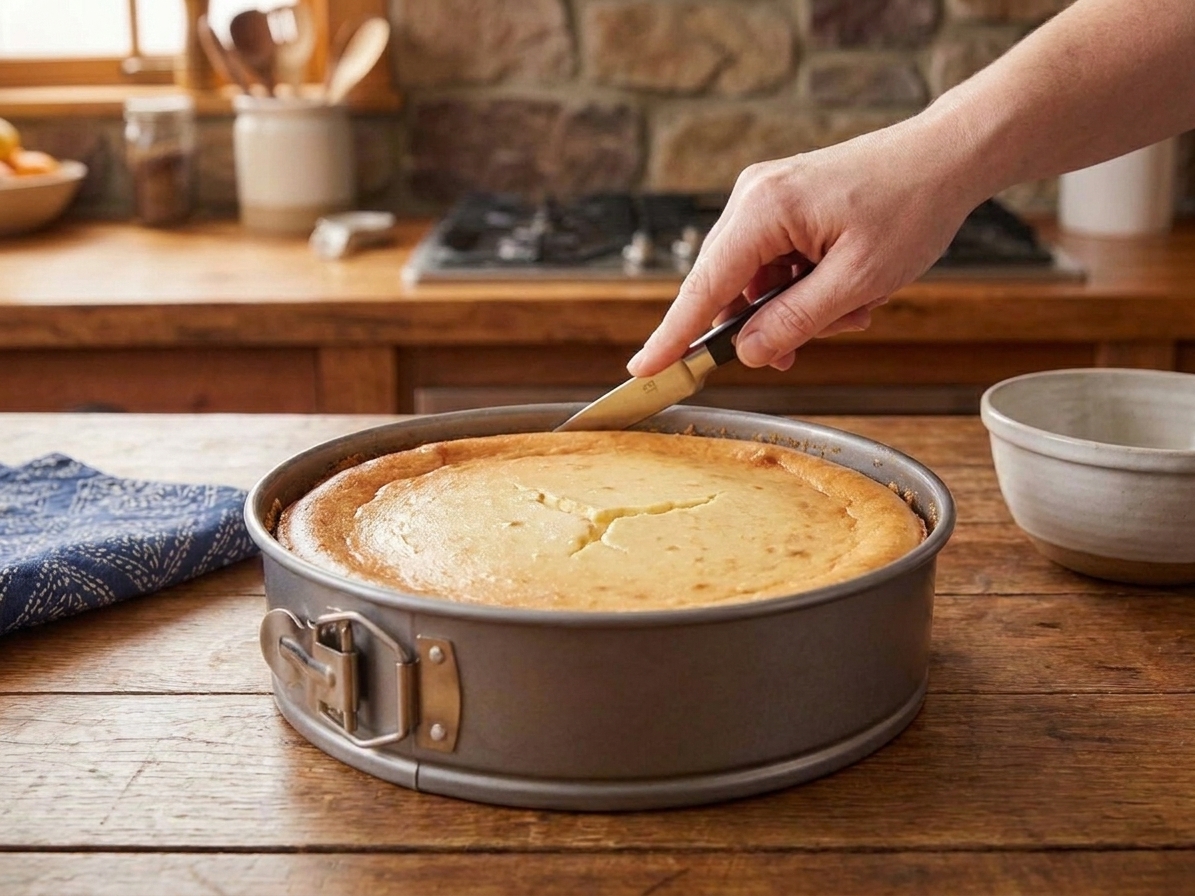 A fully chilled baked cheesecake in a springform pan on a wooden counter, with a knife being run around the edge before unmolding
