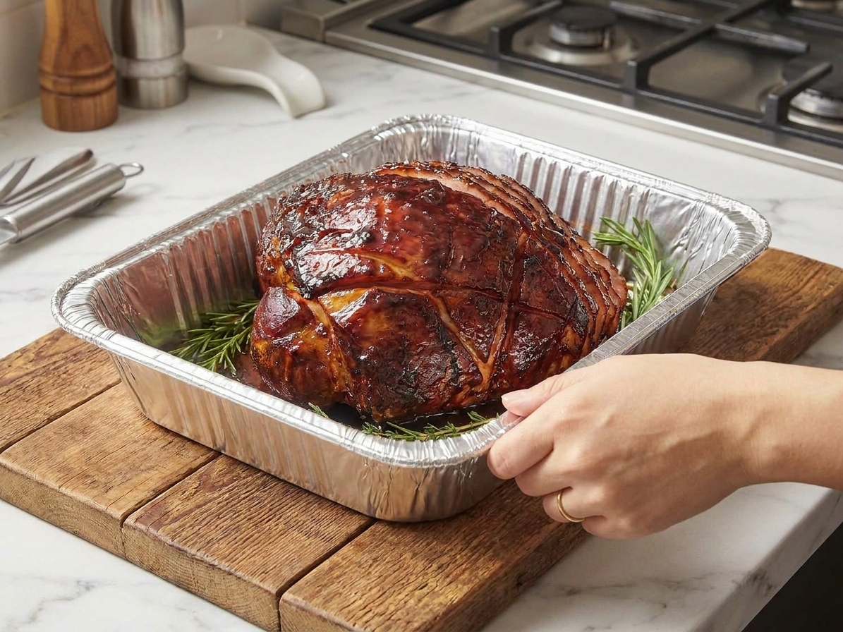 A fully cooked ham sitting in a disposable foil pan on a wooden cutting board, ready to go into the smoker