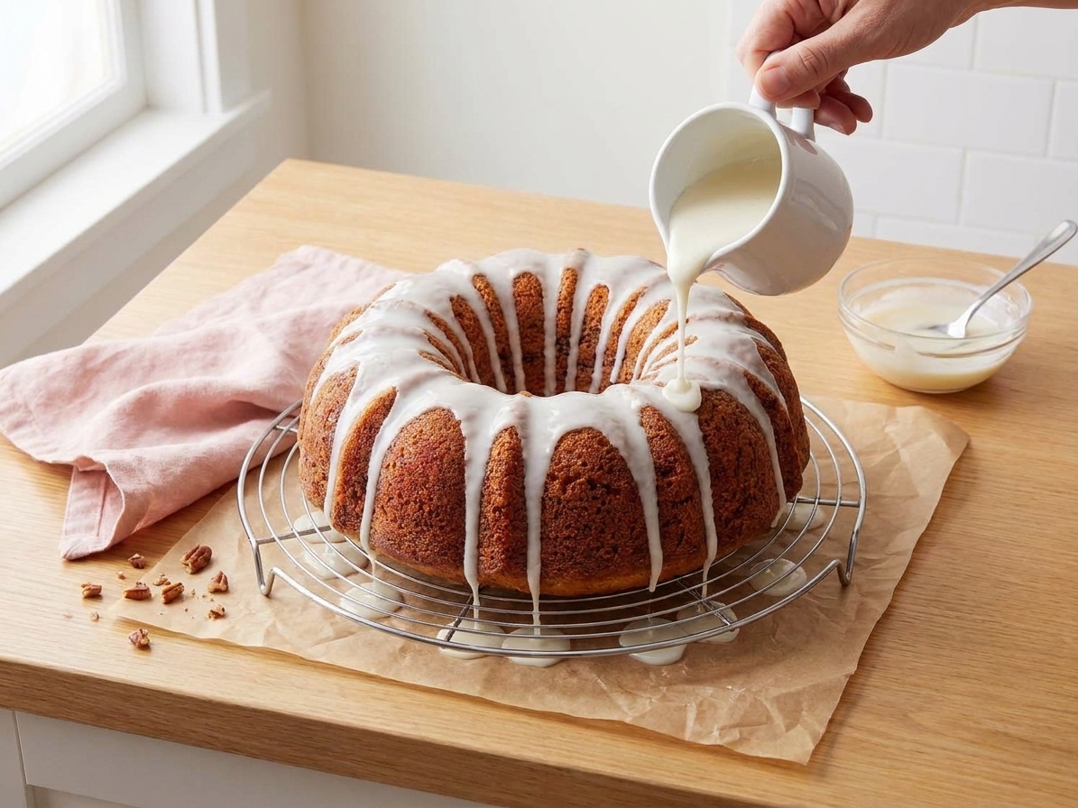 A fully cooled Bundt cake on a wire rack being drizzled with vanilla glaze, with glaze running down the ridges and parchment paper underneath for easy cleanup