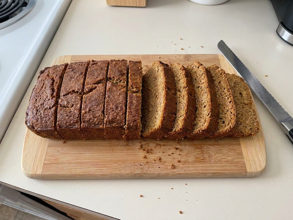 A fully cooled keto bread loaf sliced into even pieces on a cutting board