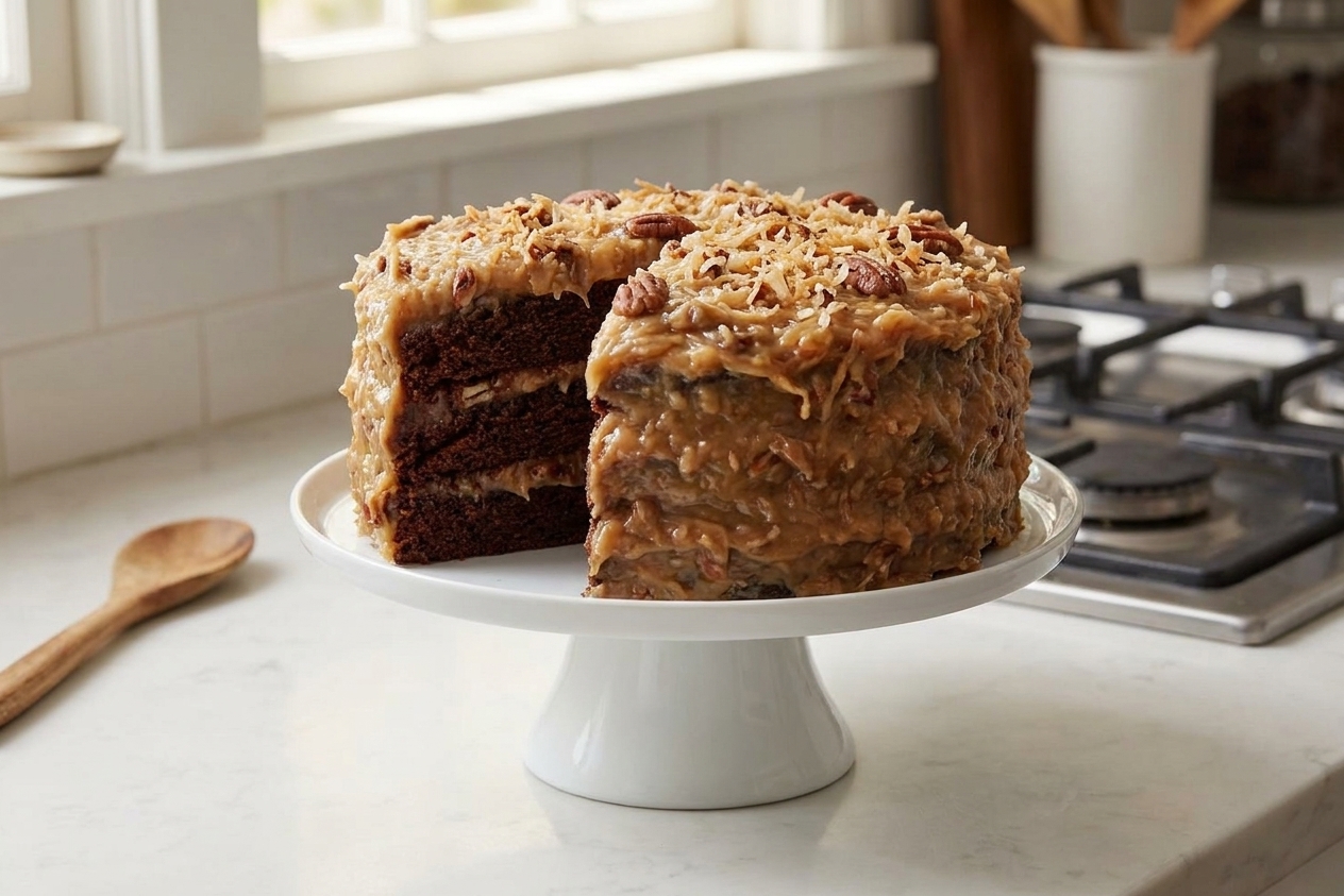 A fully frosted Baker’s German chocolate cake on a simple cake stand, showing rich chocolate layers and thick coconut-pecan frosting in warm kitchen light