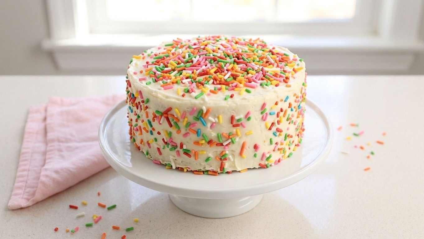 A fully frosted Funfetti cake covered with rainbow sprinkles on a white cake stand set on a kitchen table with soft natural light