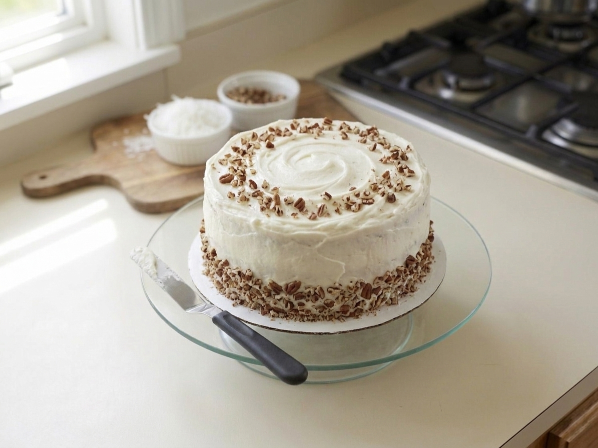 A fully frosted Italian cream cake decorated with chopped toasted pecans around the edges