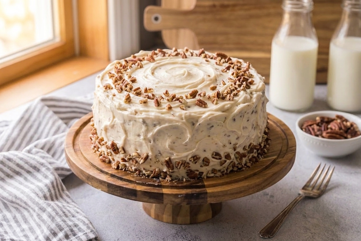 A fully frosted Italian cream cake on a cake stand with pecans sprinkled on top, on a warm kitchen table
