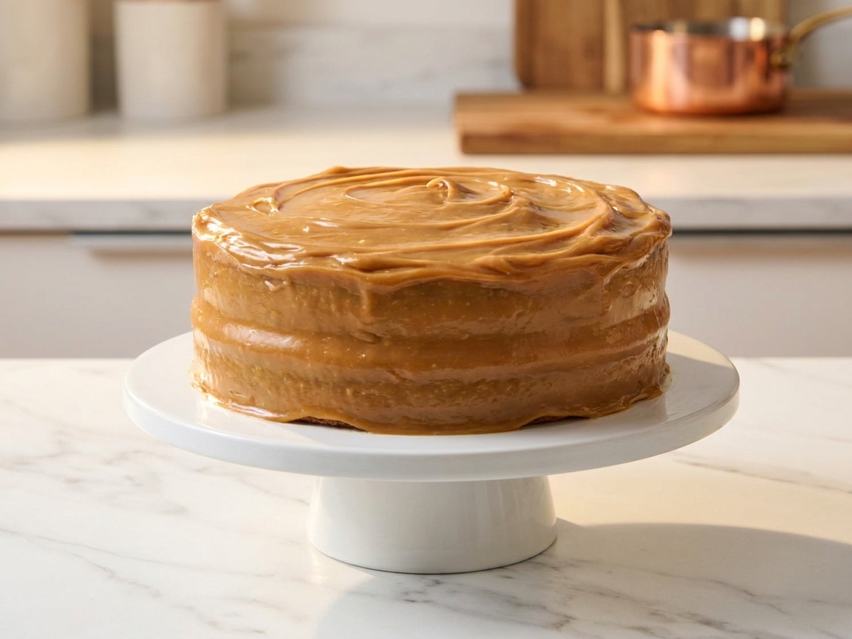 A fully frosted caramel cake on a simple cake stand, glossy icing set and shining under warm kitchen light