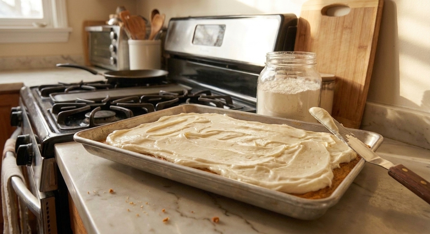 A fully frosted sweet potato cake in a baking pan with a spatula resting on the edge on a kitchen counter