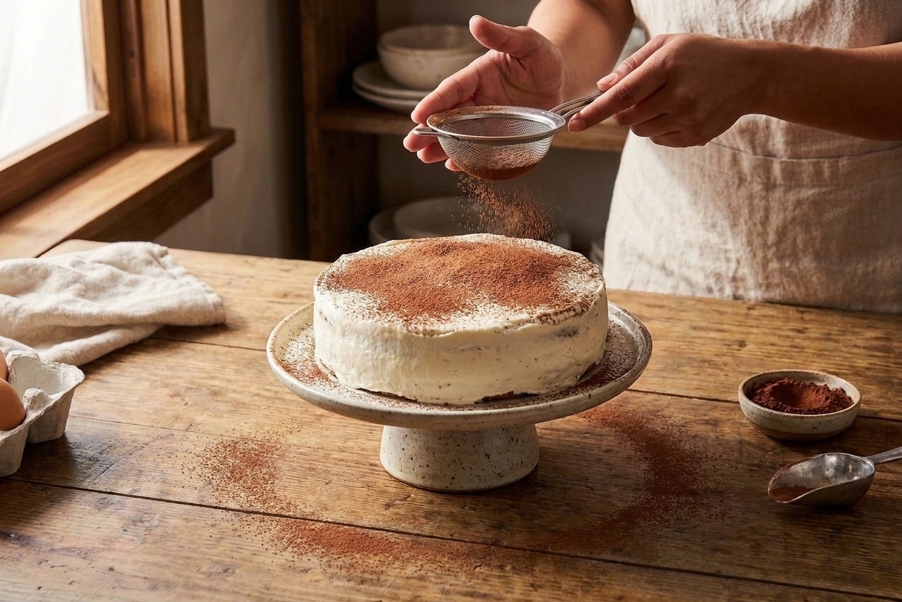A fully frosted tiramisu cake on a cake stand being dusted with cocoa powder through a sieve