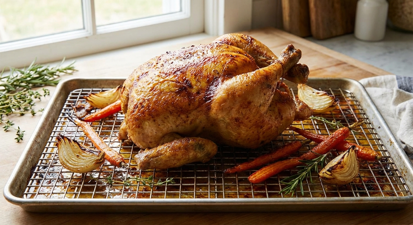 A fully roasted chicken on a wire rack over a sheet pan with browned drippings and roasted onion and carrots