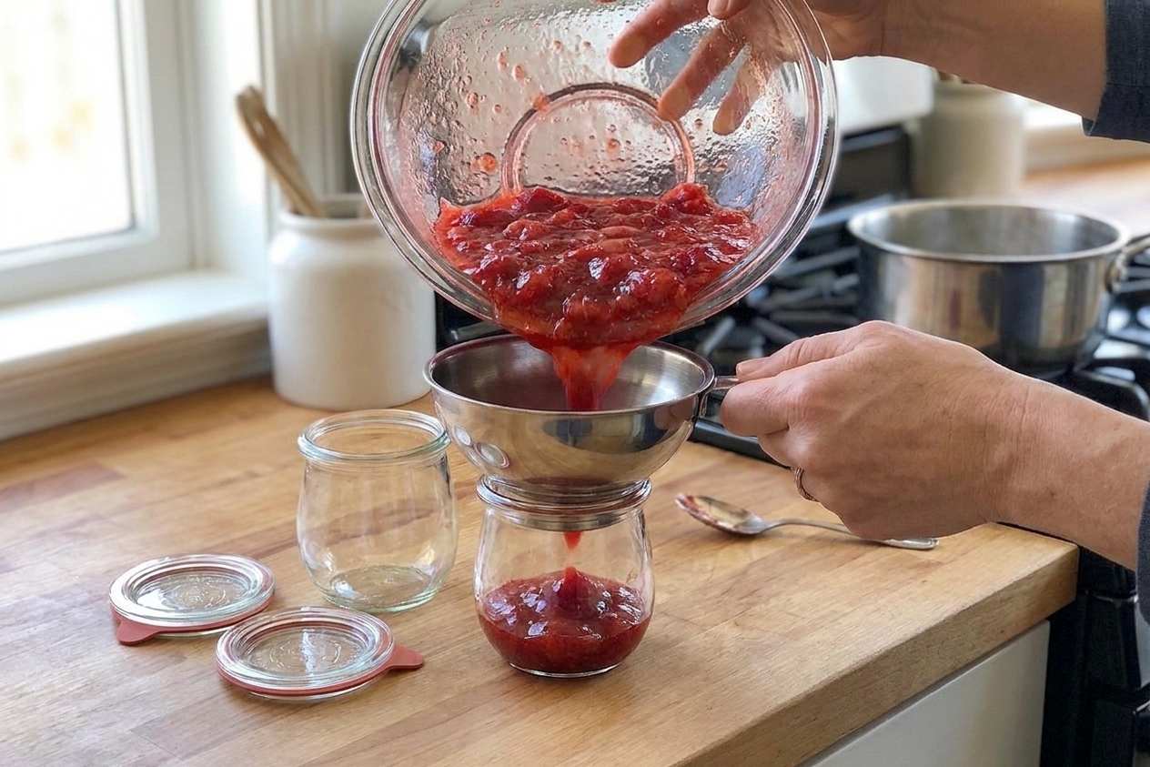 A funnel filling small freezer-safe jars with strawberry freezer jam on a tidy kitchen counter in natural daylight