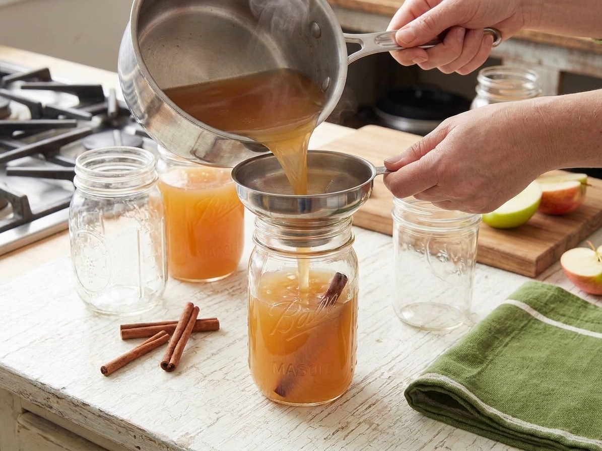 A funnel set in a mason jar while apple pie moonshine is poured in, with more empty jars nearby