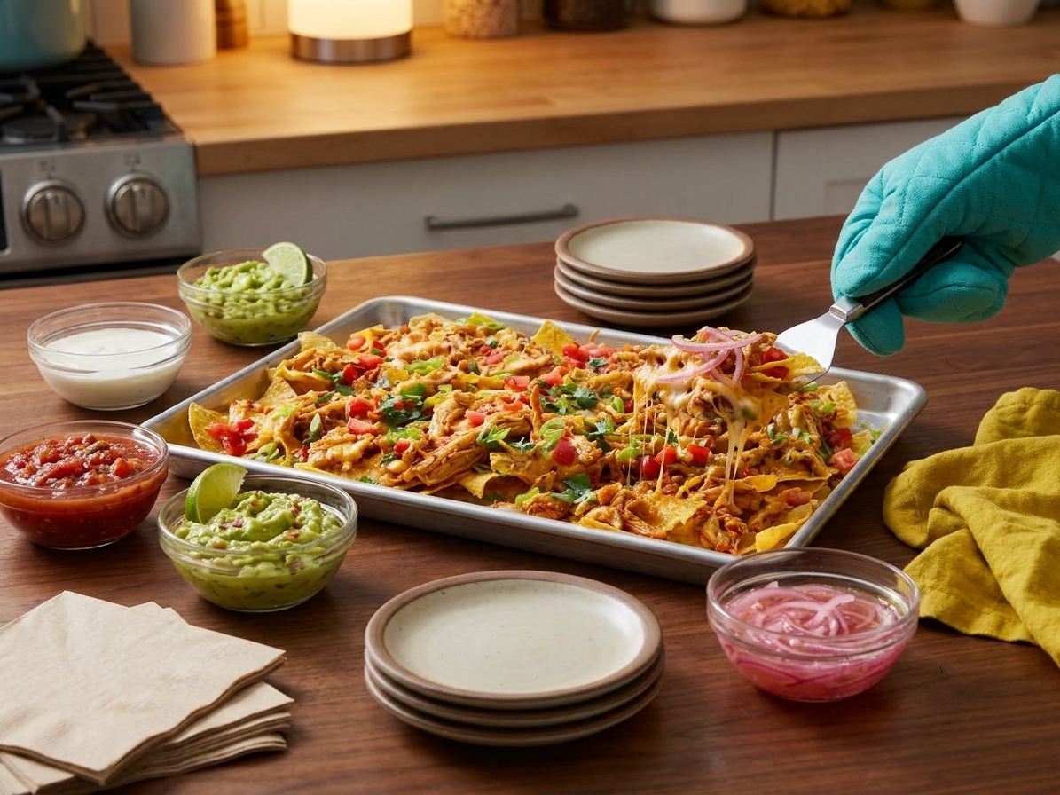 A game day table setting with a sheet pan of nachos, small bowls of salsa, guacamole, lime crema, and pickled onions, plus napkins and plates under warm indoor lighting