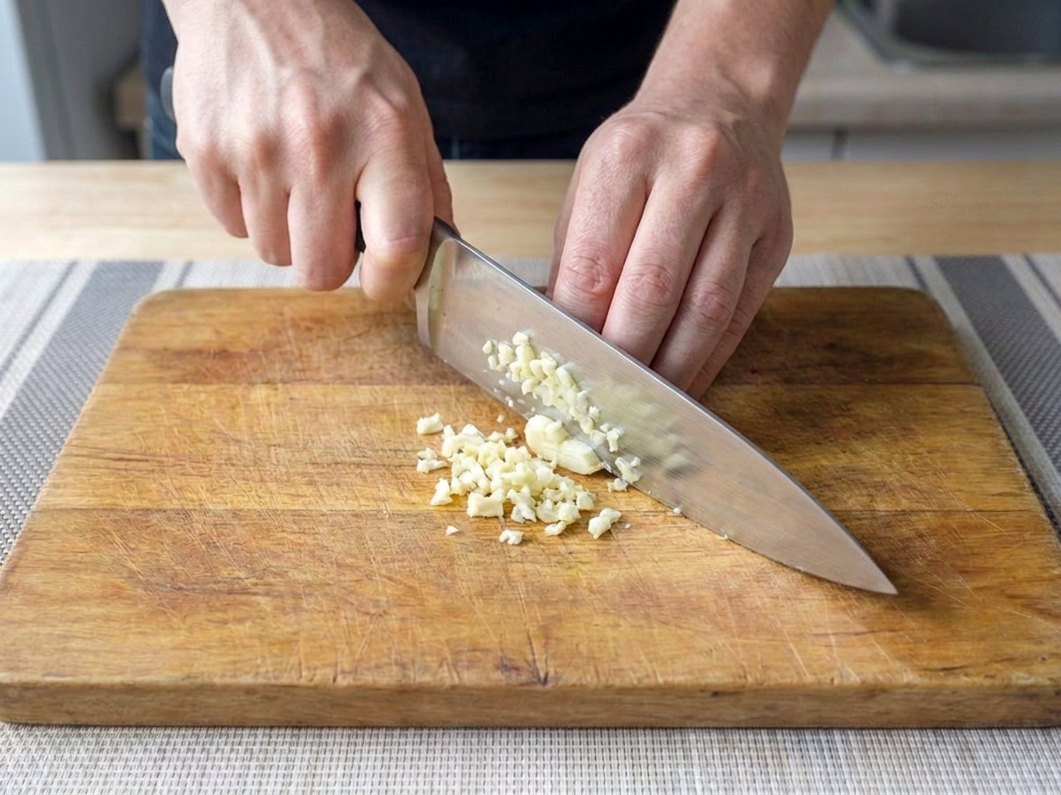A garlic clove being finely minced with a chef's knife on a cutting board