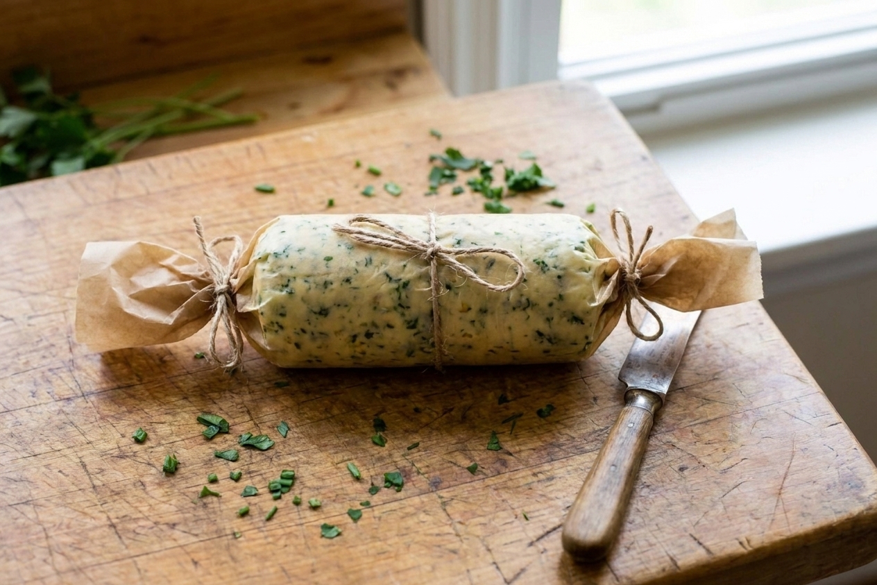 A garlic herb compound butter log wrapped tightly in parchment paper and tied with kitchen twine on a cutting board