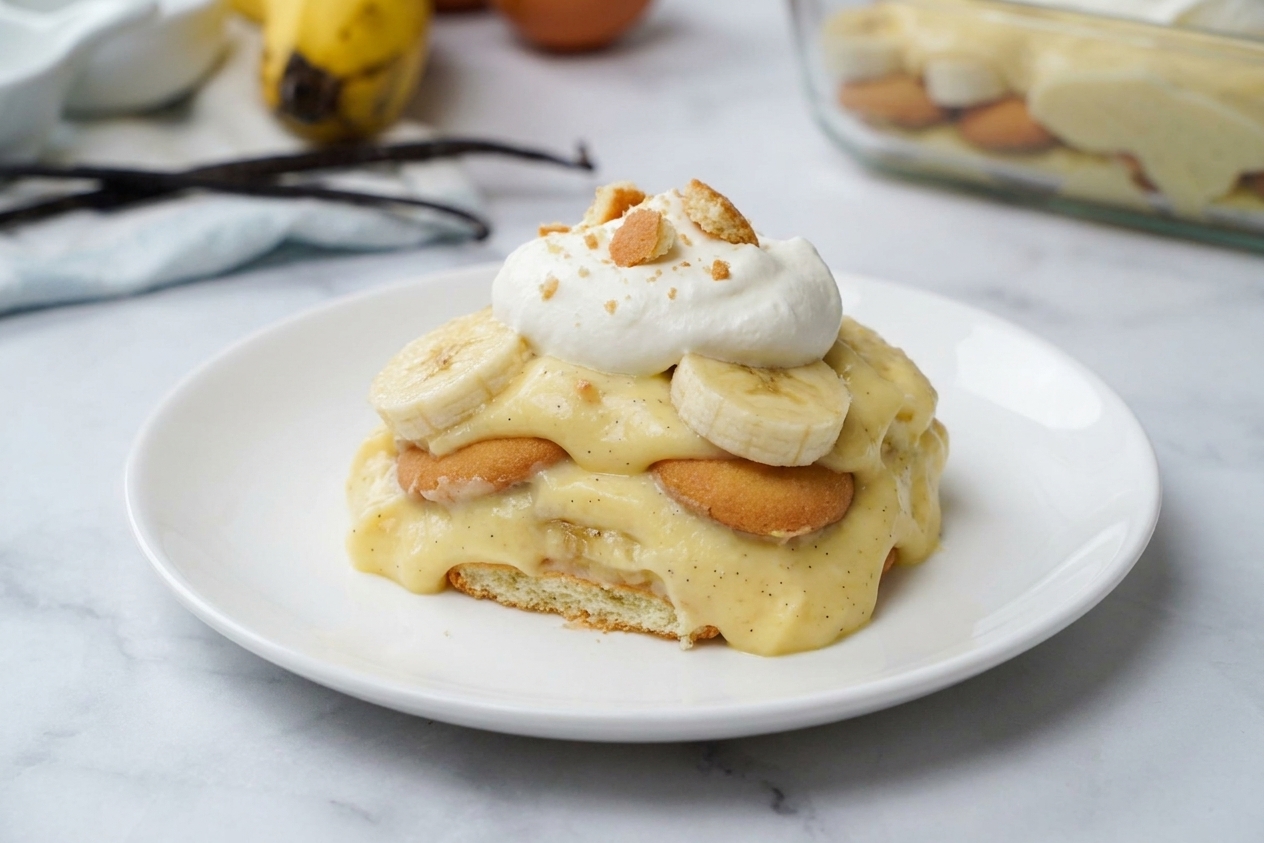 A generous scoop of banana pudding on a dessert plate, showing layers of custard, bananas, and softened vanilla wafers