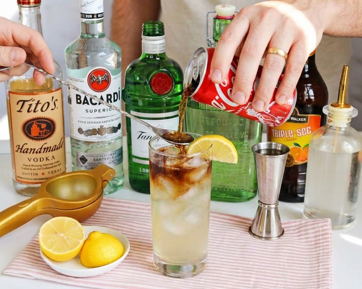 A gentle pour of cola creating a dark float on top of a mixed cocktail in a highball glass