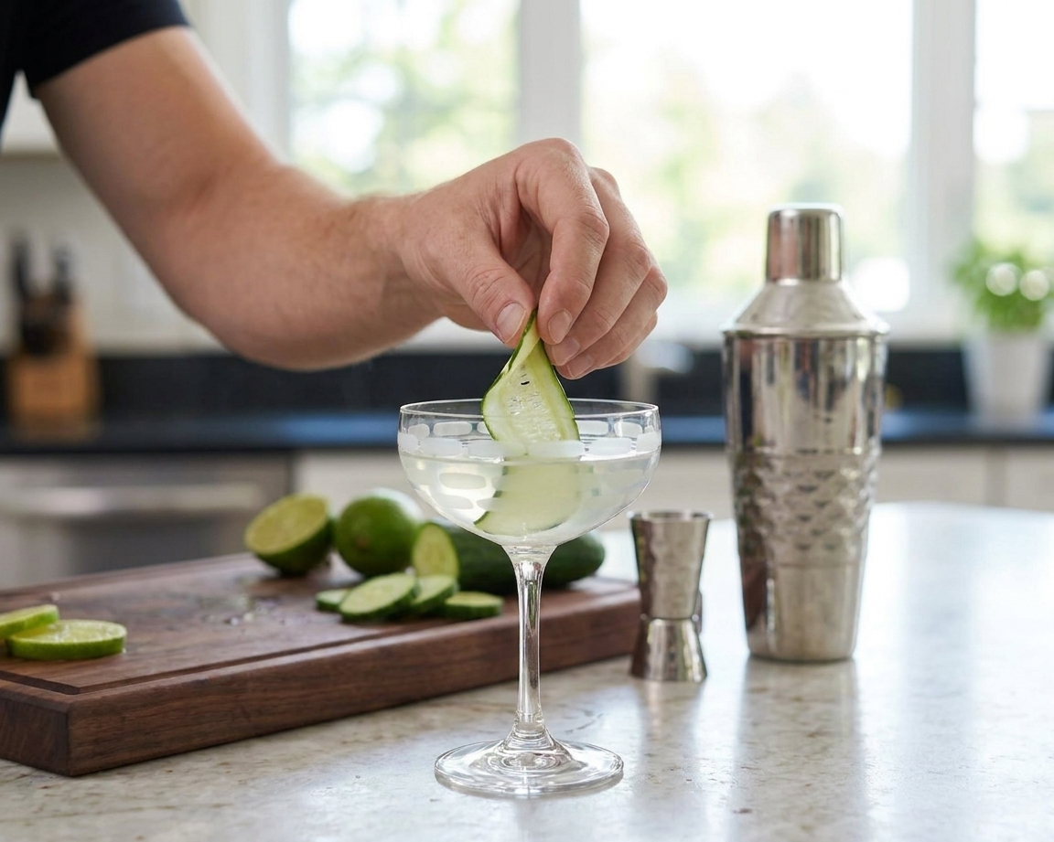 A gimlet being garnished with a thin cucumber ribbon over a coupe glass on a stone countertop