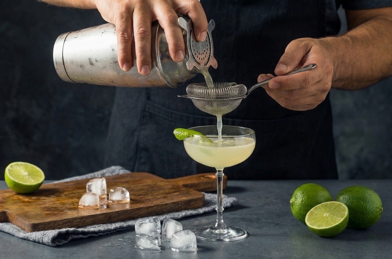 A gimlet being strained from a cocktail shaker into a chilled coupe glass on a stone countertop with scattered ice cubes