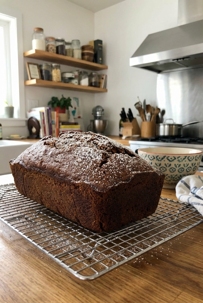 A gingerbread loaf cooling on a wire rack in a home kitchen