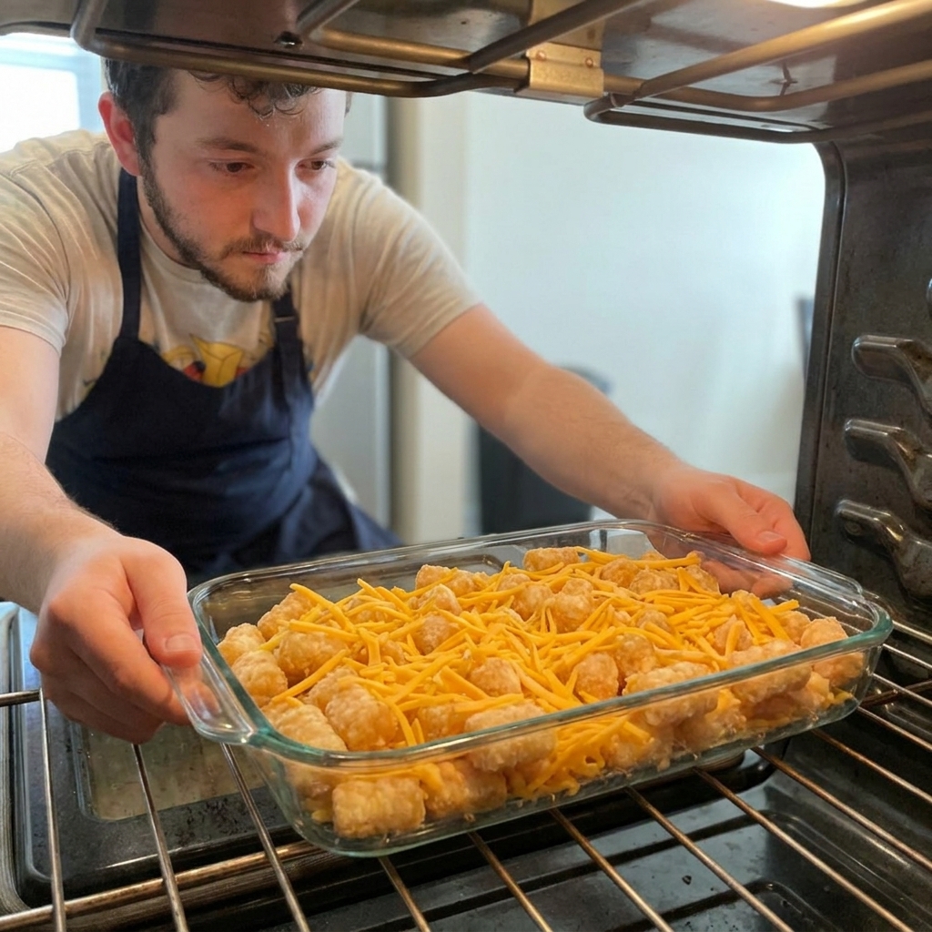 A glass 9x13 baking dish filled with uncooked tater tots and cheese sitting on an oven rack, close-up kitchen photo