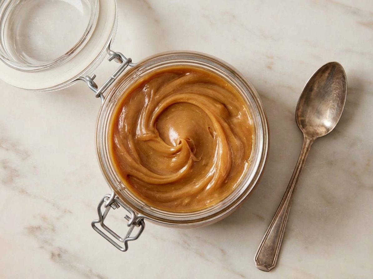 A glass airtight container filled with caramel frosting on a kitchen counter with a spoon beside it