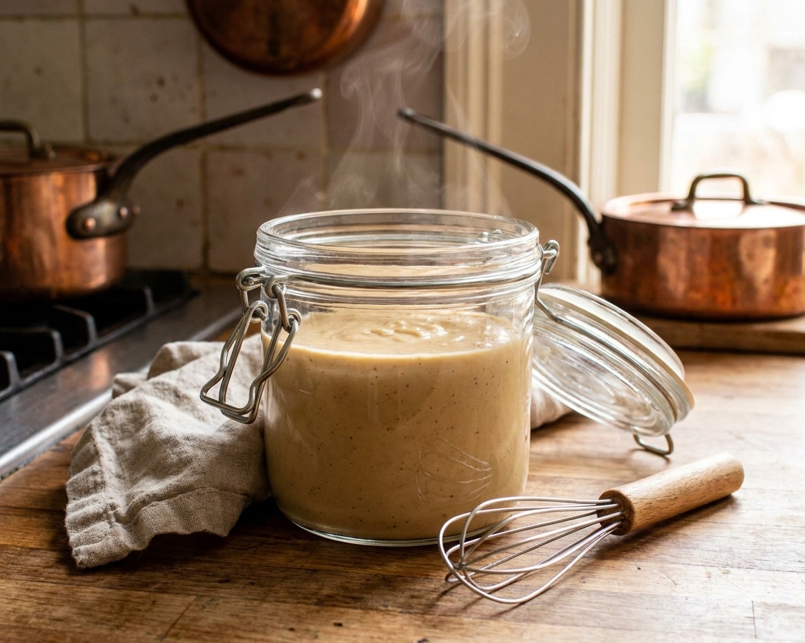 A glass airtight container filled with creamy Alfredo sauce cooling on a kitchen counter next to a small whisk