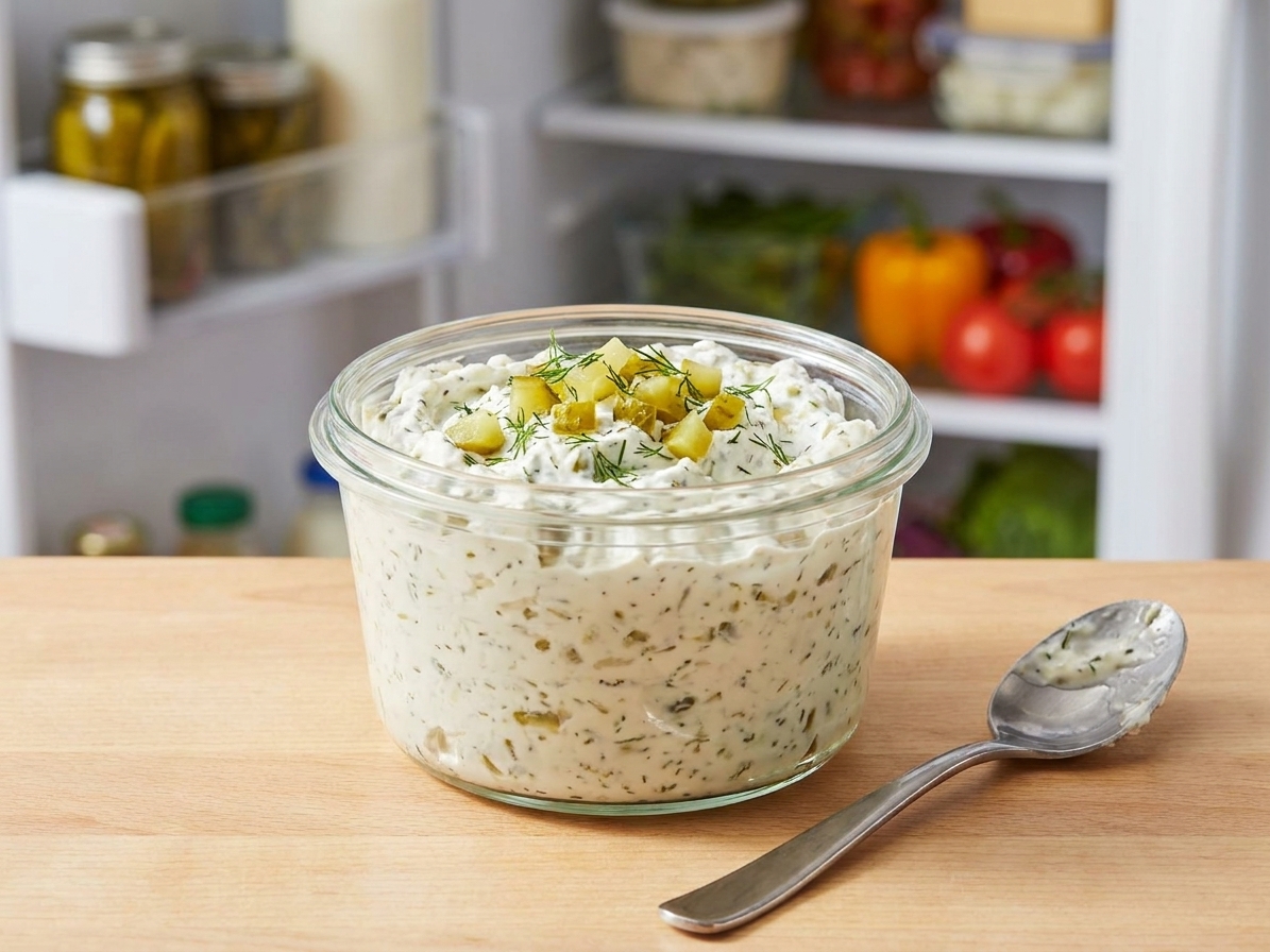 A glass airtight container filled with creamy pickle dip in a refrigerator setting, with a spoon resting beside it on a kitchen counter