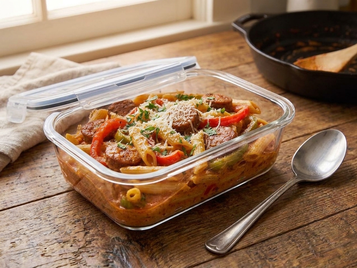 A glass airtight container filled with leftover creamy sausage pasta on a kitchen counter next to a spoon, ready for meal prep storage