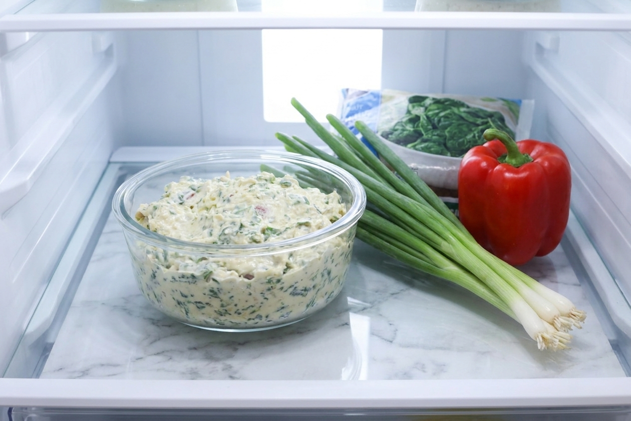 A glass airtight container filled with leftover spinach dip in a refrigerator shelf next to fresh vegetables