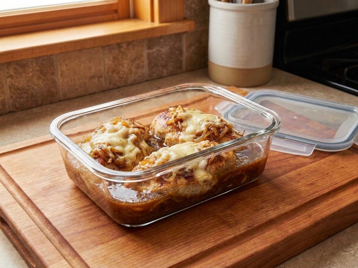 A glass airtight container holding leftover French onion chicken with caramelized onions and sauce on a kitchen counter next to a lid