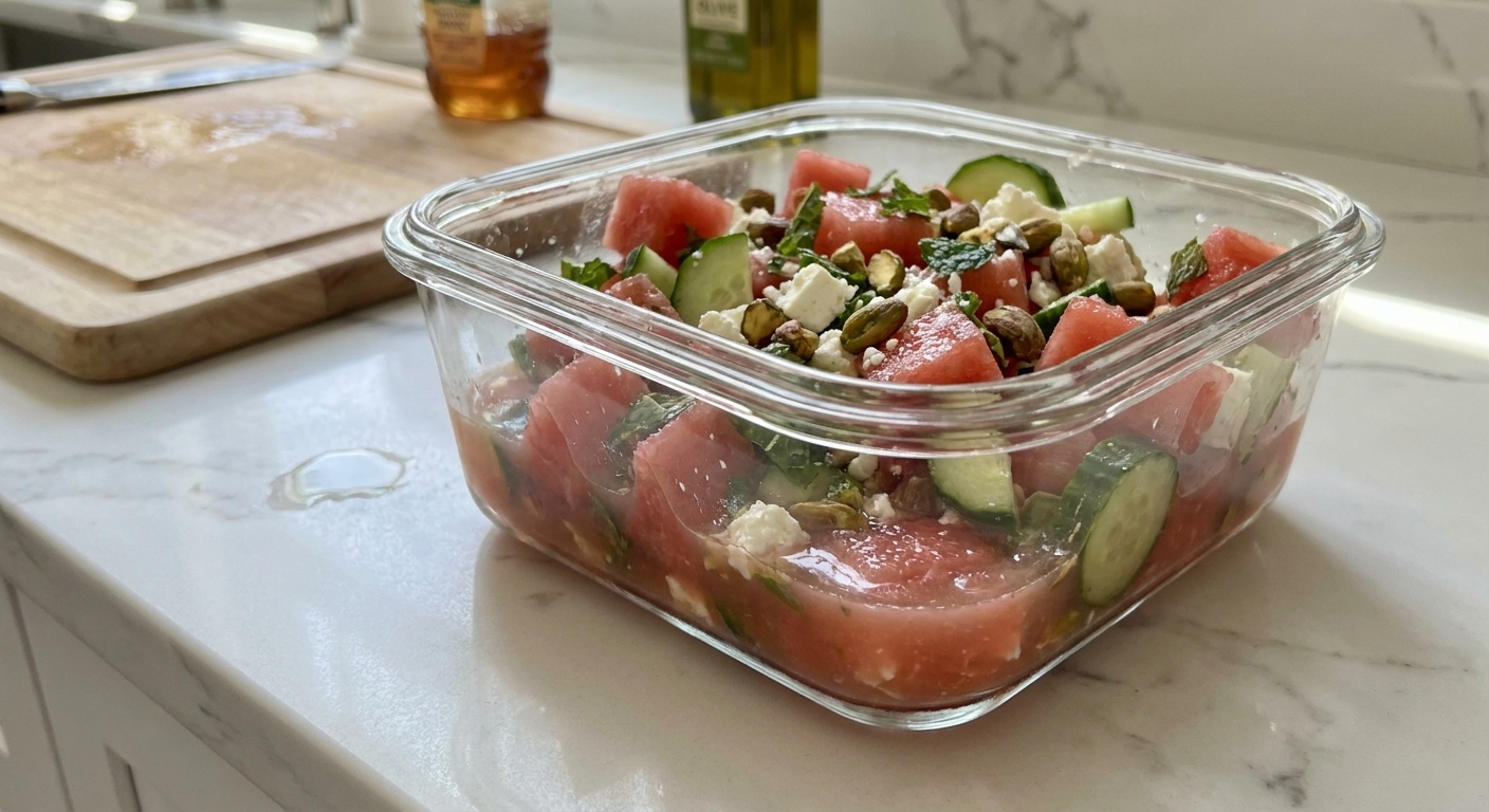 A glass airtight container holding leftover watermelon feta salad with visible juices at the bottom, sitting on a clean kitchen counter