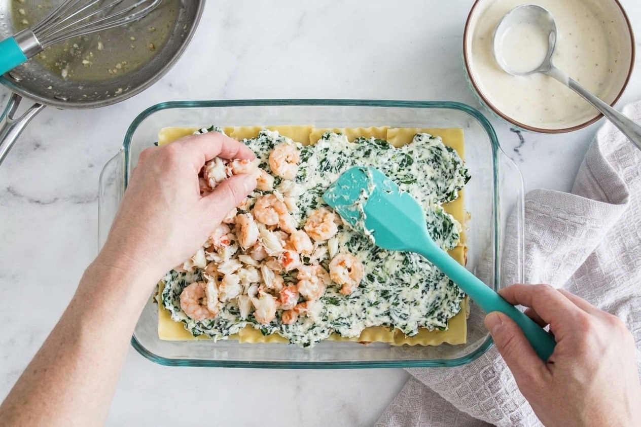 A glass baking dish being filled with layers of lasagna noodles, creamy sauce, ricotta spinach mixture, and shrimp and crab