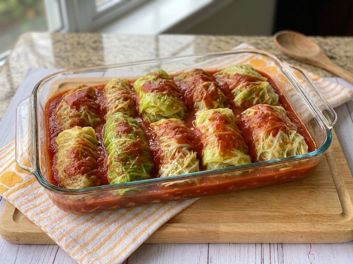 A glass baking dish filled with cabbage rolls nestled in tomato sauce, ready to bake on a kitchen counter