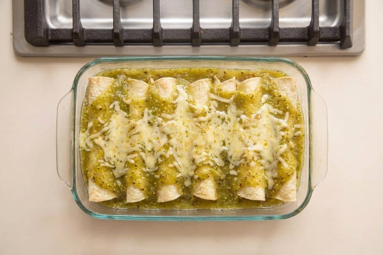 A glass baking dish filled with enchiladas covered in green sauce on a kitchen counter, ready to go into the oven