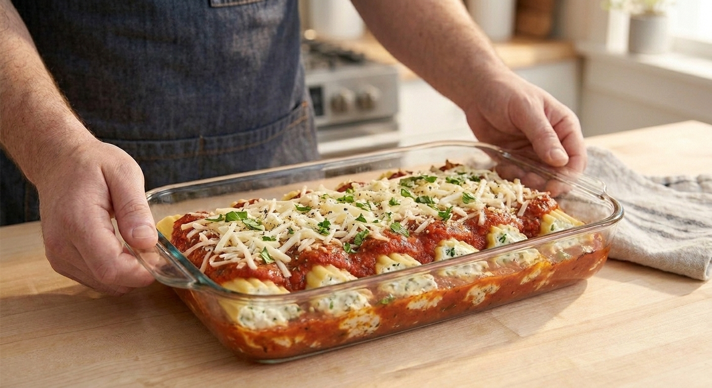A glass baking dish filled with manicotti pasta tubes stuffed with ricotta filling, covered in marinara sauce and melted mozzarella, on a warm-lit kitchen counter