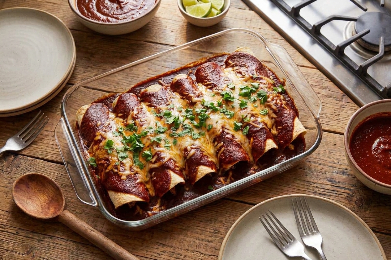 A glass baking dish filled with rolled enchiladas covered in red sauce on a wooden table with simple plates and forks set nearby