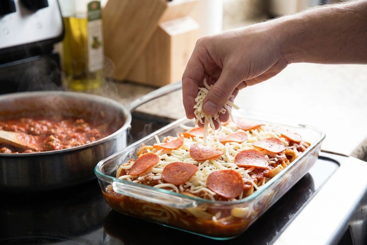 A glass baking dish filled with sauced pasta being topped with shredded mozzarella and pepperoni slices on a kitchen counter