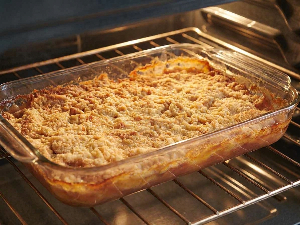 A glass baking dish of apple dump cake on an oven rack with the topping turning golden brown