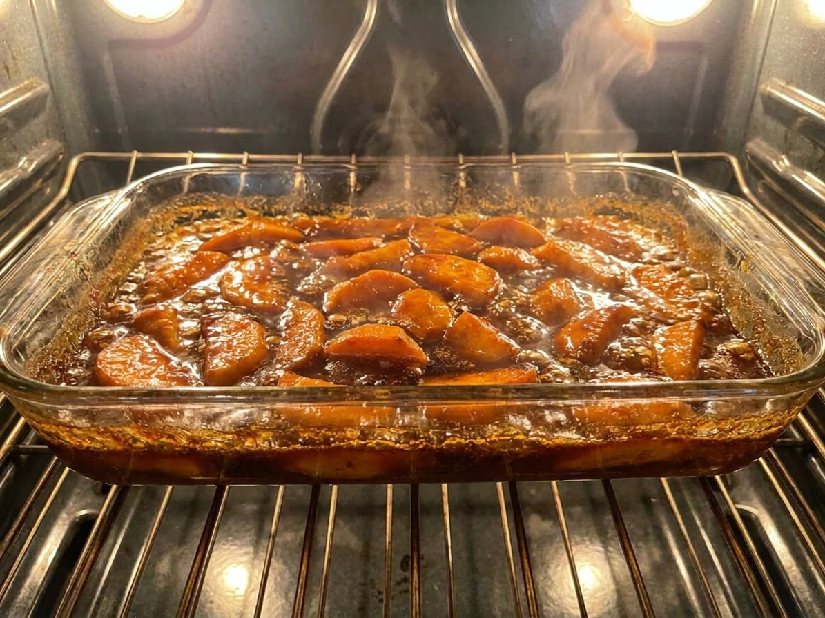 A glass baking dish of candied yams baking uncovered in the oven with bubbling brown sugar syrup around the edges