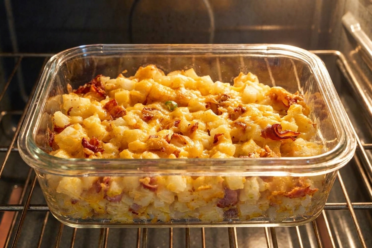 A glass baking dish of cheesy potato casserole baking on an oven rack with melted cheddar starting to bubble