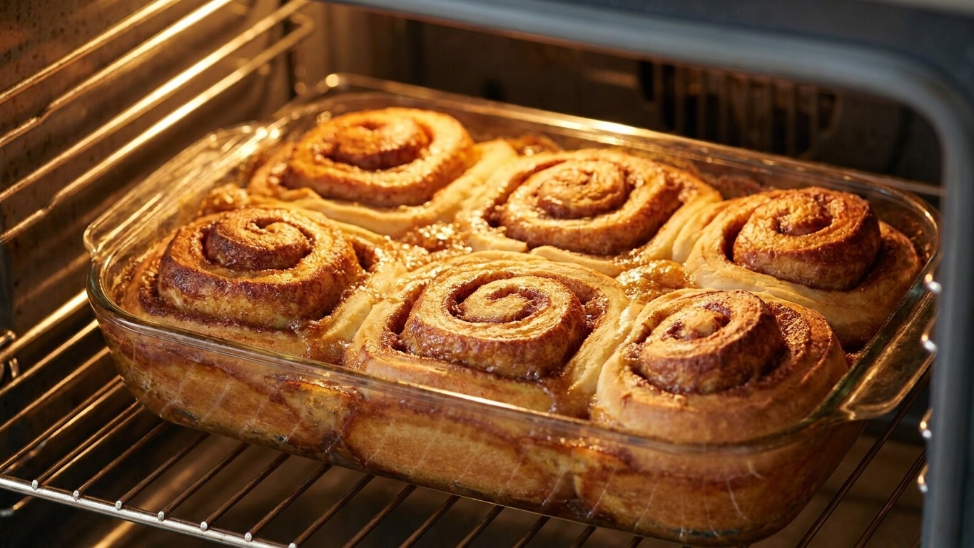 A glass baking dish of cinnamon rolls baking in an oven with the tops turning golden brown