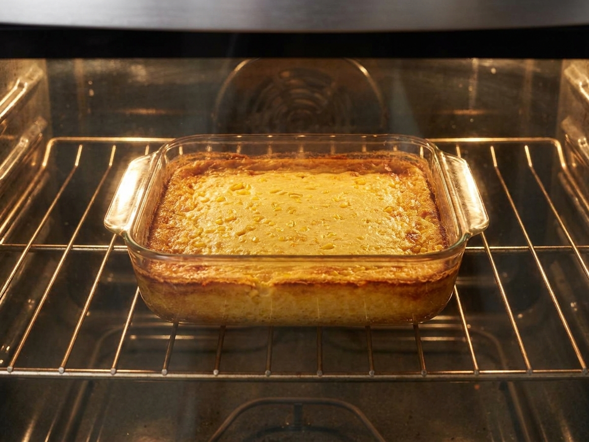 A glass baking dish of corn pudding on an oven rack with the top turning golden brown