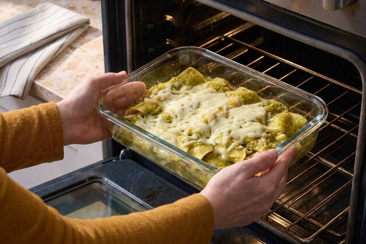 A glass baking dish of green chicken enchiladas being placed into a home oven with cheese starting to melt and sauce around the edges